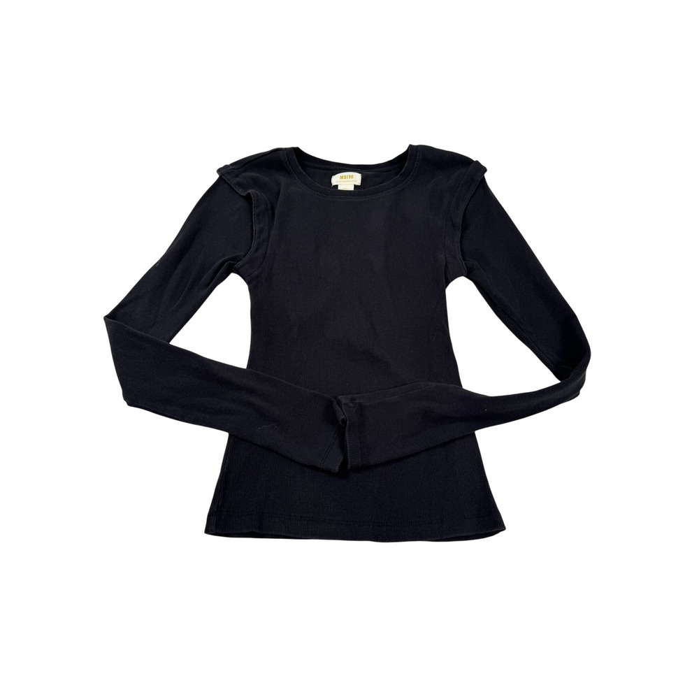 Maeve Anthropologie Black Ribbed Ruffle Shoulder Long Sleeve Top Small